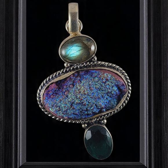 Labradorite Druzy Green Onyx Pendant 2.25" Sterling Silver Handmade Necklace - Picture 1 of 9